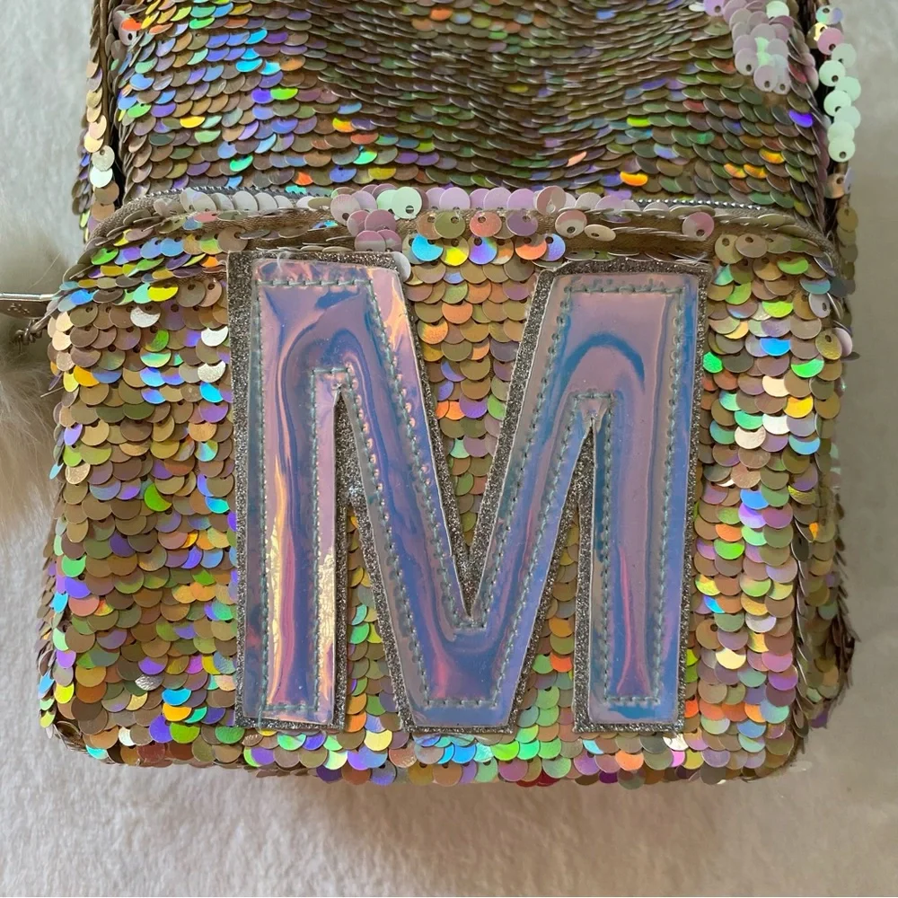 Justice‎ Mini Backpack Sequin Unicorn M with Pom Pom Gold White Silver